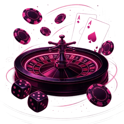 High-end digital illustration of a futuristic roulette wheel with glowing casino chips, glossy dice, and playing cards in a n